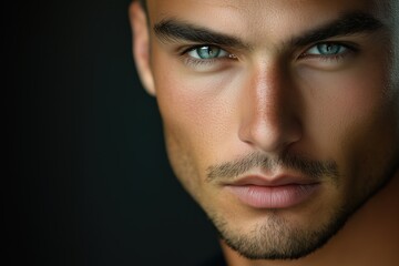 Fototapeta premium A striking portrait of a man with a strong jawline and captivating blue eyes