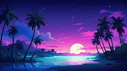 Tropical Sunset with Palm Trees Silhouetted Against a Purple Sky and a Full Moon