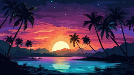 Tropical Sunset with Palm Trees Silhouetted Against a Vivid Sky and Tranquil Water
