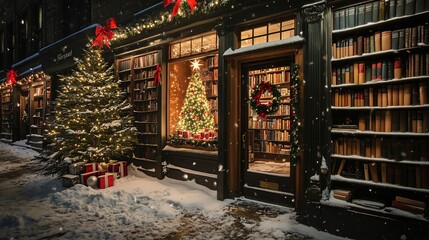 Charming bookstore decorated for Christmas