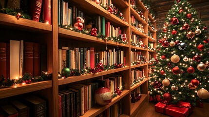 Cozy Christmas library with decorated tree