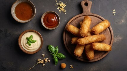 Naklejka premium appetizing fried mozzarella sticks on wooden plate flat lay background