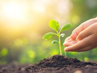 Child hands watering young plant sprout in soil at sunset