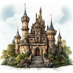 Obraz premium Highly detailed castle model, set on a rocky base and surrounded by greenery. Toy old miniature magic historical building isolated on white background