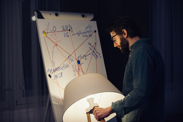 A man stands with a floor lamp in his hand near a flip chart with notes. The concept of...