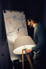 A man stands with a floor lamp in his hand near a flip chart with notes. The concept of...