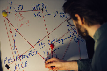 A man is standing near a crazy table on a conspiracy theory board.