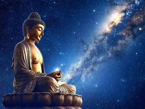 Golden buddha statue meditating under the milky way - Powered by Adobe