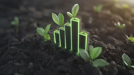 Sustainable Growth Concept with ESG Impact Investing - Green Bar Graph and Plant Seedlings in Soil