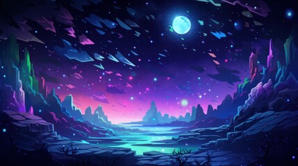 Fototapeta premium A Mystical Alien Landscape With A Full Moon and Floating Crystals