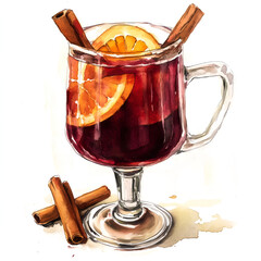 Watercolor illustration of festive mulled wine with orange and cinnamon, on a white background. Winter Christmas festive drink.