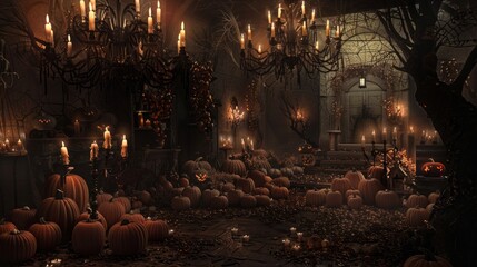 A room with a lot of pumpkins and candles