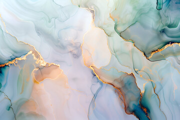 Naklejka premium Banner featuring abstract background of pastel green and blue and gold alcohol ink blending together. Pastel light background. Dynamic mix of colors with fluid shapes and textures, creating an elegant