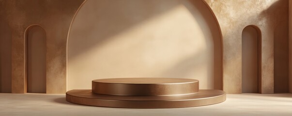 Fototapeta premium Modern interior showcasing a minimalist display podium in warm tones, ideal for product presentation or artistic exhibitions.