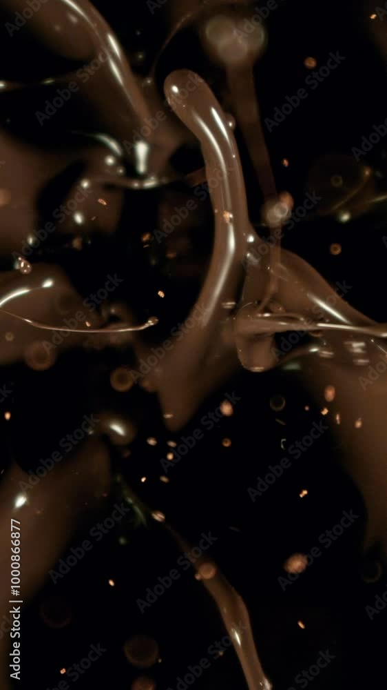Poster Super Slow Motion of Falling Group of Chocolate Chunks. Moving Down and Splashing into Melted Chocolate. Filmed on High Speed Cinema Camera, 1000fps.