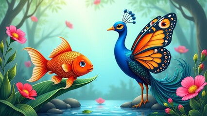 Obraz premium Goldfish and peacock in a whimsical forest.