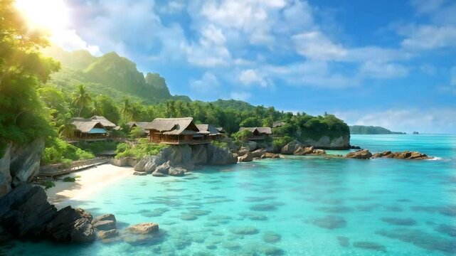 Tropical paradise island with clear and beautiful sea. 4k animation looping video