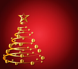 Fondo navideño de árbol de navidad dorado con estrella en degradado rojo