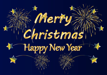 Felicitación de navidad y año nuevo dorada con fuegos artificiales en fondo azul