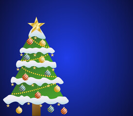 Fondo navideño de árbol de navidad con estrella, nieve y bolas de navidad