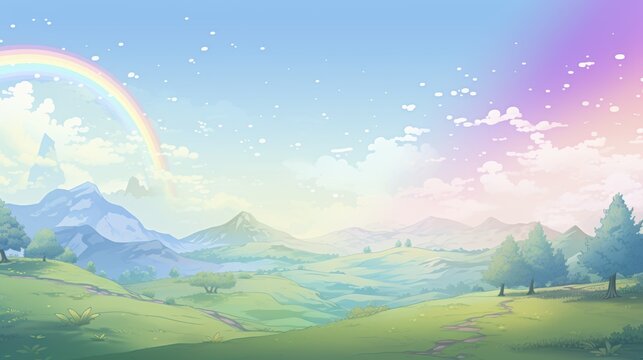 A vibrant landscape with a rainbow arching over rolling hills and a majestic mountain range.