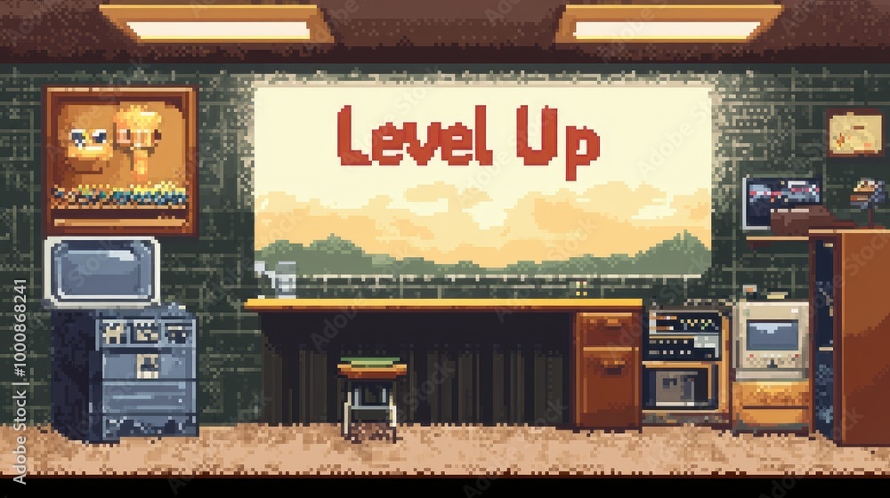Poster retro pixelated environment featuring a 