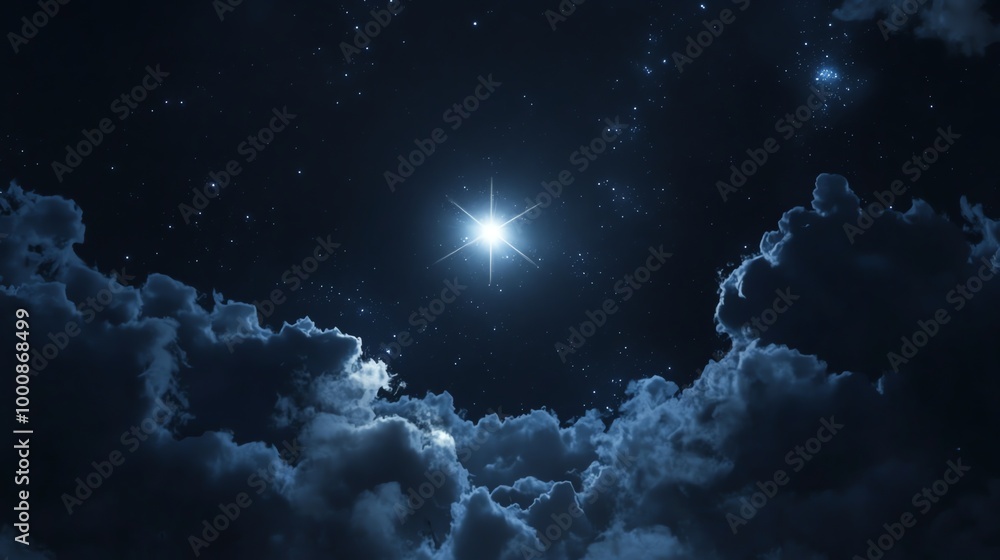 Wall mural a bright star shines in a night sky filled with clouds and stars.