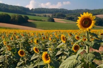 Obraz premium Realistic photo of sunflower bloom in flower field ground garden park and sun flare with mountain landscape and cloud blue sky background, in concept of growth and rise