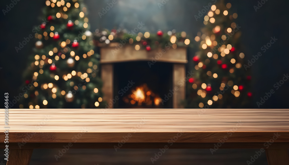 Poster empty wood table with christmas tree in the background copy space