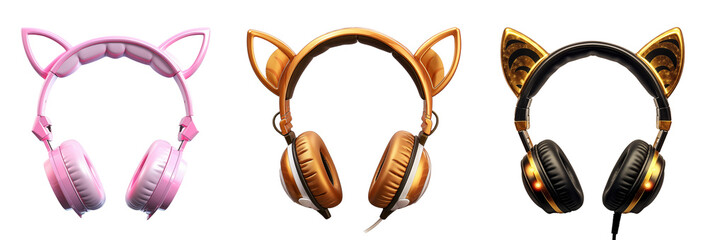 PNG of Stylized Headphones with Cat Ears in Pink, Orange, and Black Designs. Cute creative present idea. Girl and women lifestyle idea.