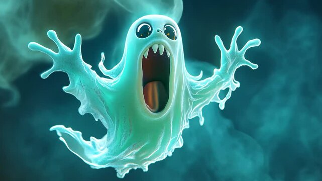 A blue ghost with large eyes and sharp teeth is screaming and floating through the air