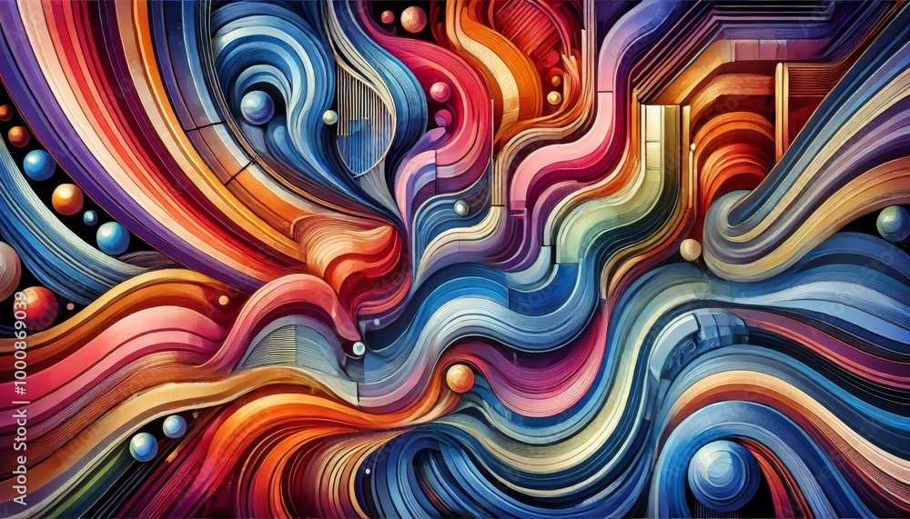 Poster 4k abstract bg with moving multicolor lines or ribbons forming curl noise on plane. concept of abstr