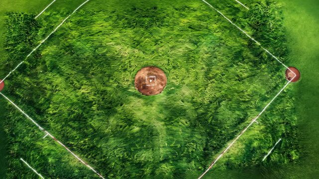 An aerial view of a baseball field with green grass and white lines