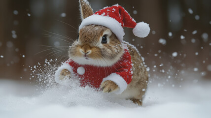 Rabbit Dressed in Santa Suit Frolicking in Snow