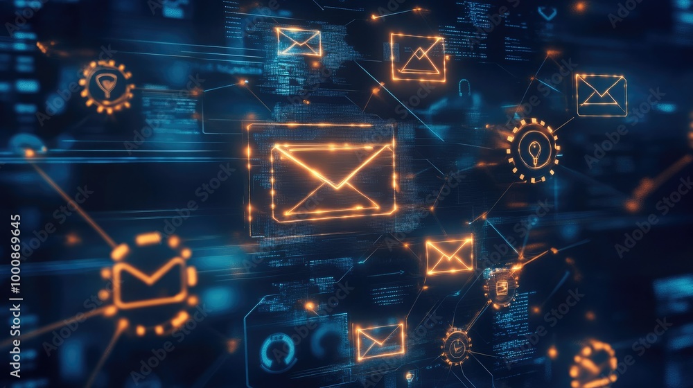 Poster spam filters and automation gears overlaying a digital email interface, representing the power of em