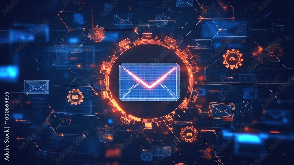 Poster spam filters and automation gears overlaying a digital email interface, representing the power of em