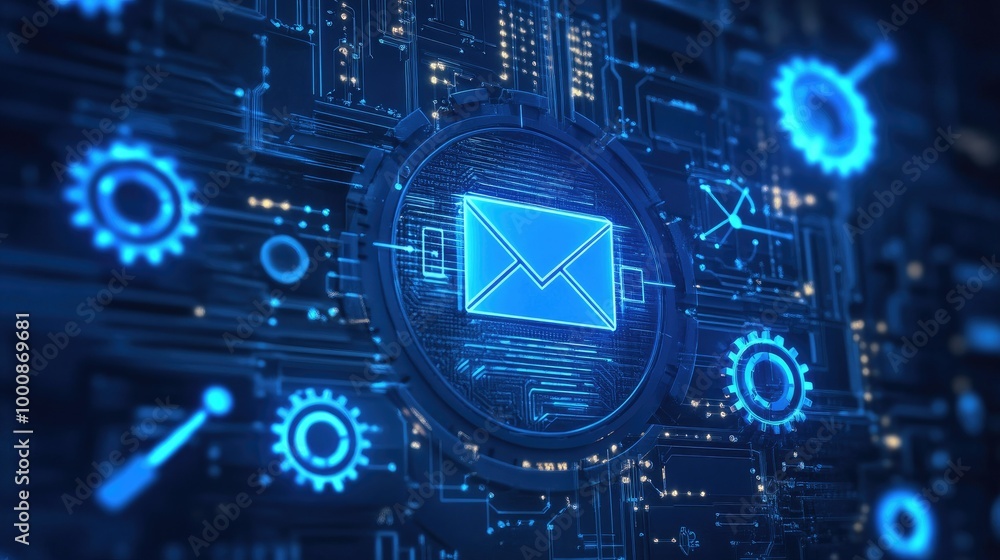Poster spam filters and automation gears overlaying a digital email interface, representing the power of em