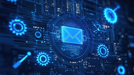 Spam filters and automation gears overlaying a digital email interface, representing the power of email marketing automation