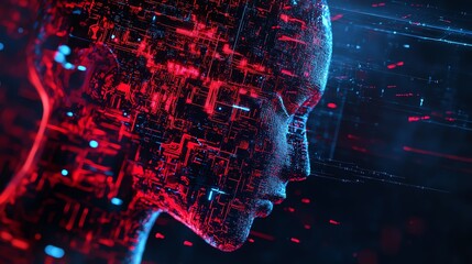 A digital rendering of a person's face made of glowing red and blue lines.