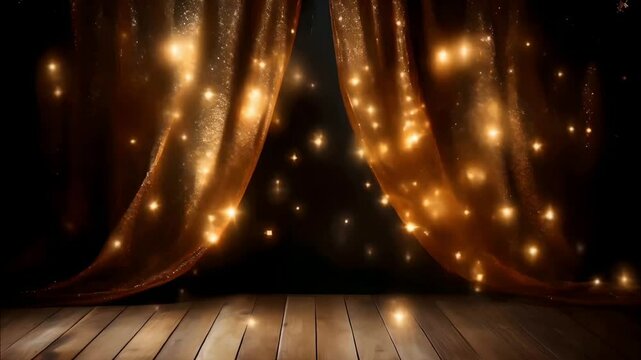 Celebrate event on stage with curtain and gold sparkles, happy new year	
