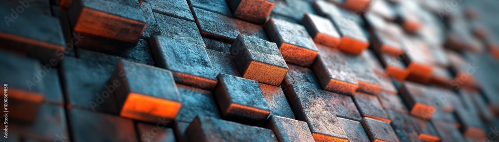 Poster a textured surface of overlapping rectangular blocks in blue and orange tones creates a dynamic, mod