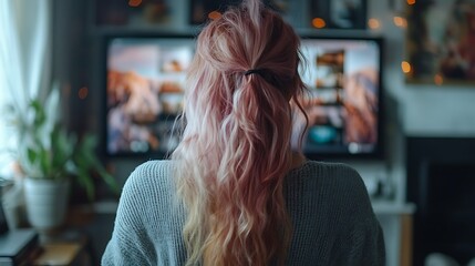  Young woman with pink hair working remotely on video team meeting call talking to colleagues, remote work and flexible culture concept, mixed race female digital nomad freelancing on home computer 