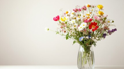Obraz premium Spring flowers in full bloom, beautifully arranged in a vase, set against a simple background with room for text