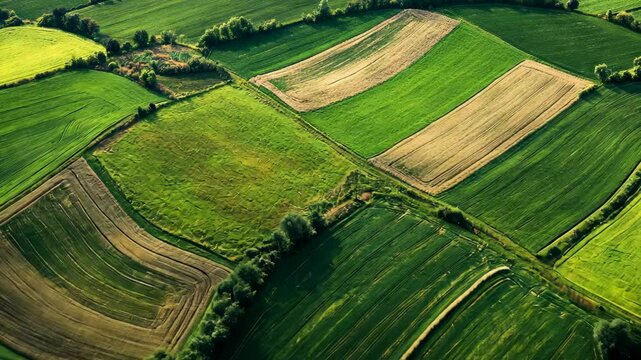 An aerial view of a patchwork of green and brown fields in a rural area