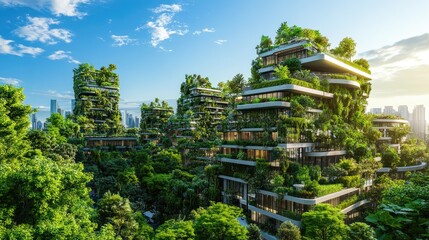 Sustainable city with modern architecture integrated with greenery, including parks and vertical gardens on buildings.