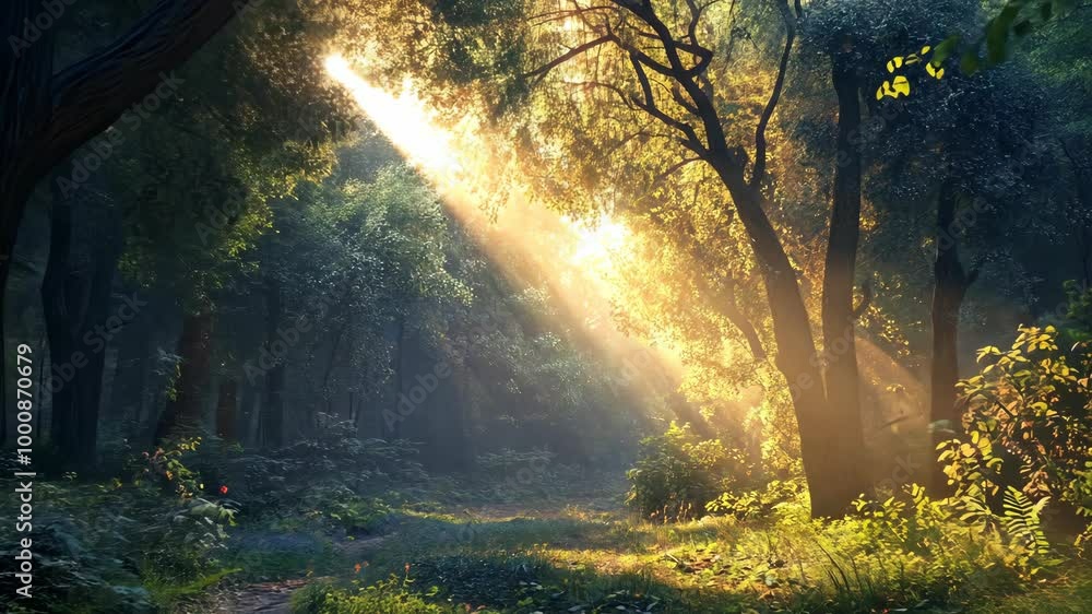 Poster golden sunlight streams through the trees in a misty forest, illuminating a path ahead