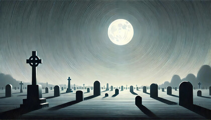 Peaceful Graveyard Night Background with Moonlit Sky
