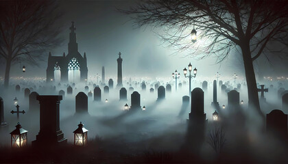 Obraz premium Graveyard Covered in Fog with Lantern Lights Background