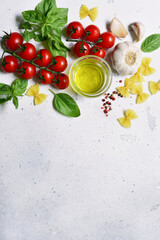 Culinary background with traditional ingredients of italian cuisine. Top view with copy space.
