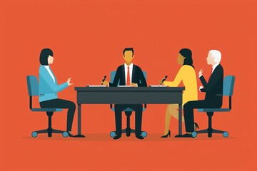 A scene of a candidate confidently answering questions during a panel interview, with the panelists nodding in agreement and taking notes.